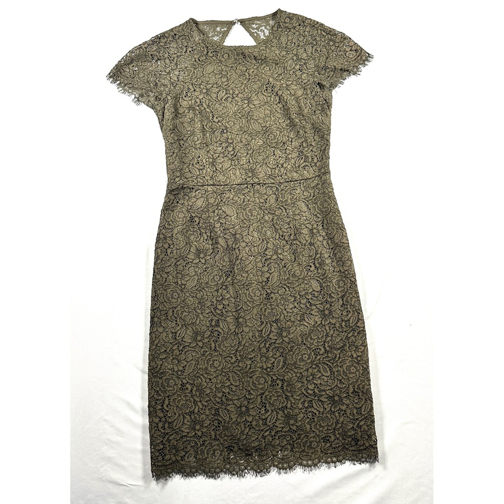 Banana Republic Olive Green Floral Lace Sheath Dress Short Sleeve Keyhole Back 0
